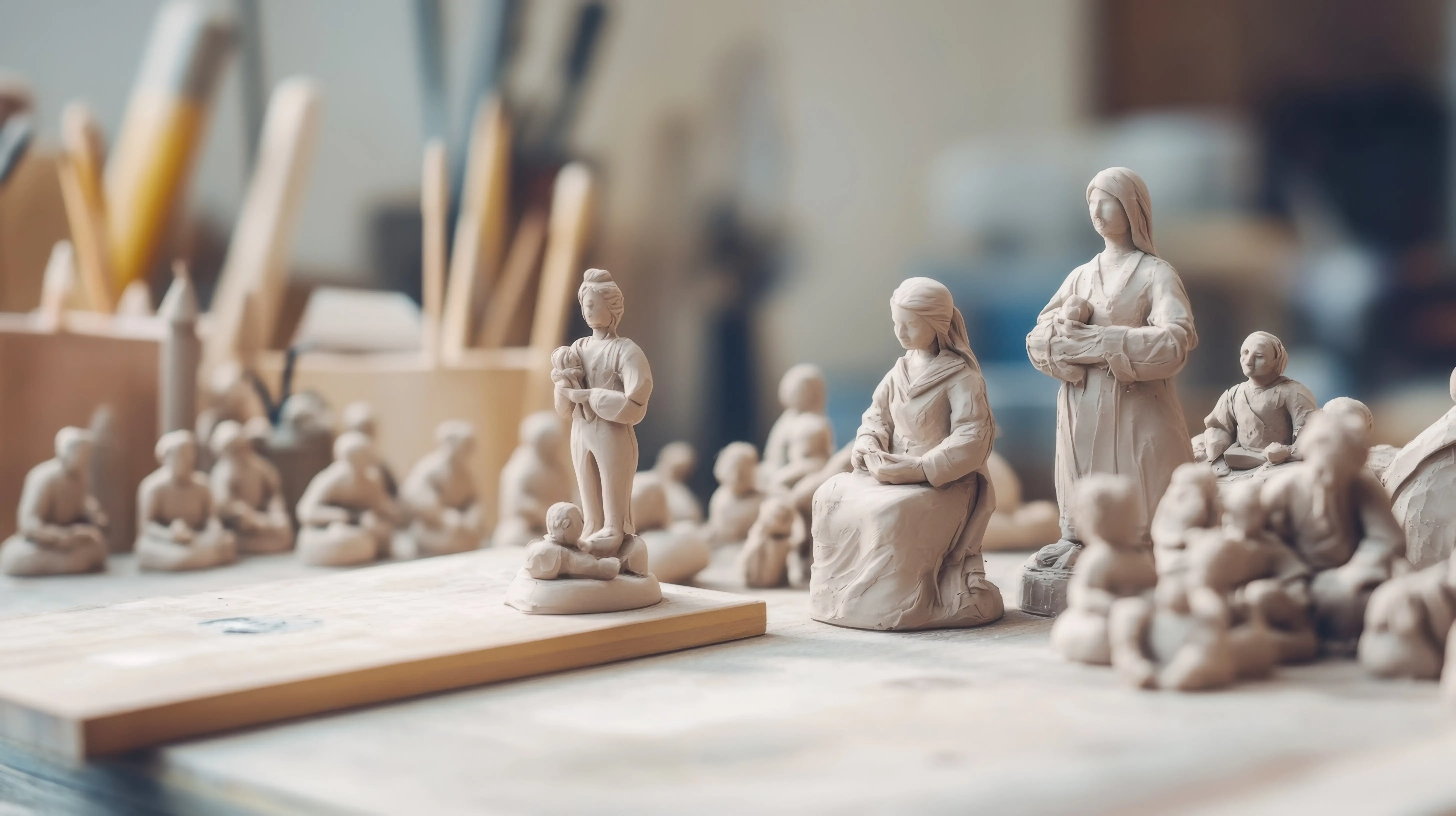 Detailreich gearbeitete, handgefertigte Tonfiguren auf einer Holzoberfläche zur künstlerischen Inspiration.