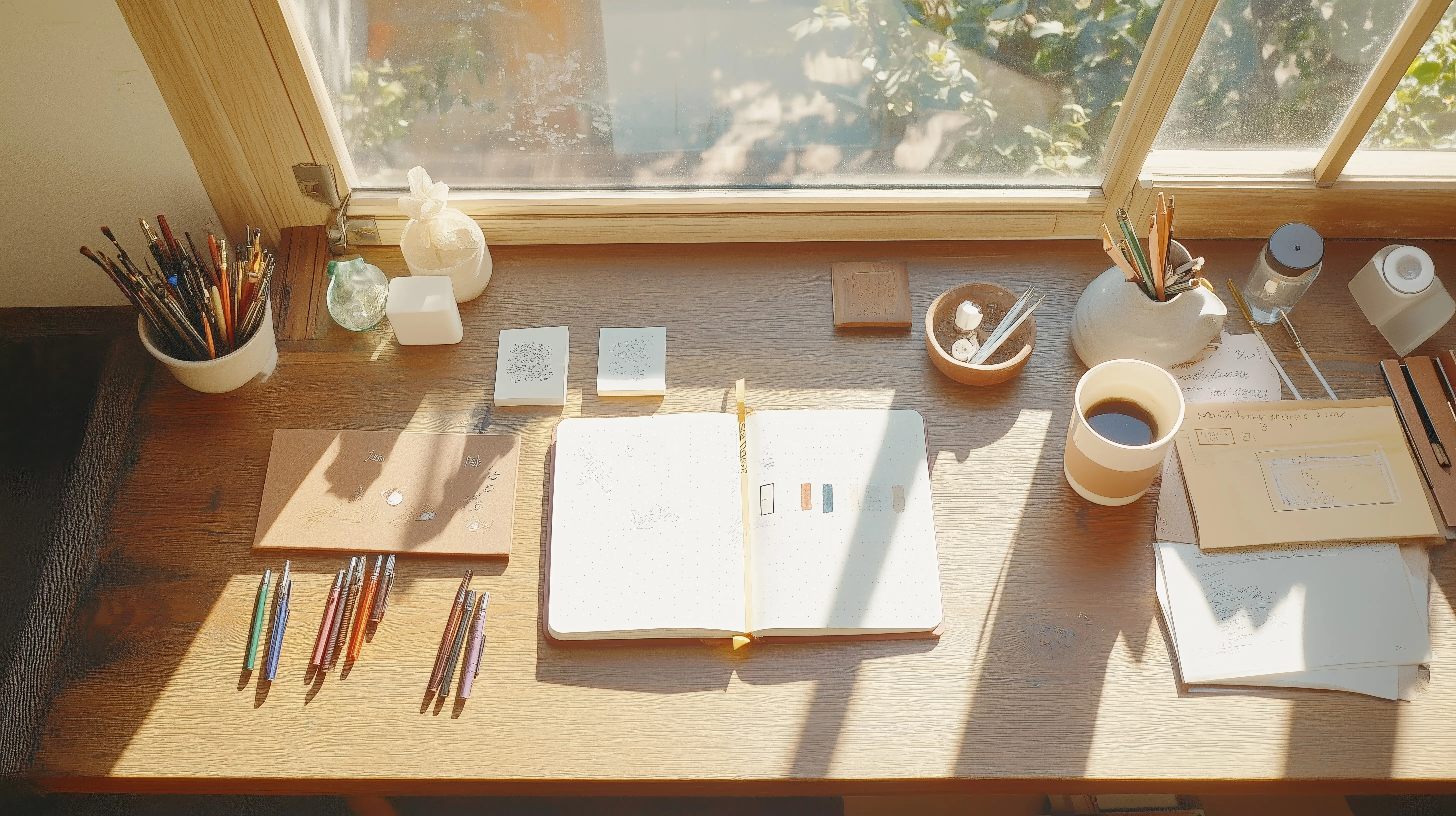 Kreativer Arbeitsbereich, durchflutet von unbewegtem Sonnenlicht, mit einer Kaffeetasse, während eines ruhigen Nachmittags.
